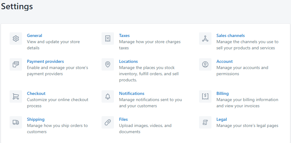 쇼피파이 shopify 사용자 기초 설정 방법 운영 매뉴얼 - 왼쪽 하단 스토어 설정 메뉴